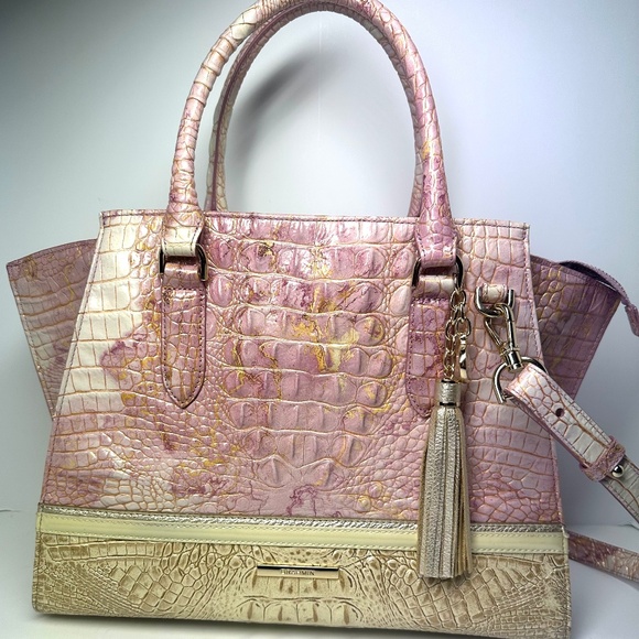 EUC Brahmin Priscilla Lilac Whimsy Gold Embossed Leather Satchel Purse Bag - Picture 1 of 16